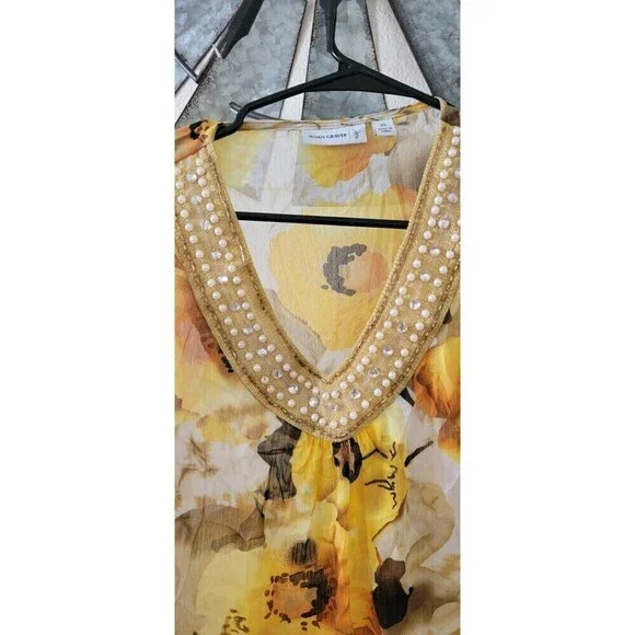 Susan Graver Womens Yellow floral Business Pearl Blouse Size XS. - Picture 6 of 11